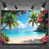 Hawaiian Tropical Summer Beach Background with Flamencos, Flowers, Aloha, Luau, Surfboard, for Parties, Photographic Studio Decoration
