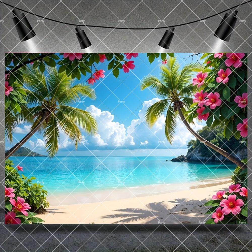 Hawaiian Tropical Summer Beach Background with Flamencos, Flowers, Aloha, Luau, Surfboard, for Parties, Photographic Studio Decoration