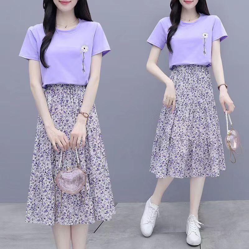 WTEMPO Dámská fialová květinová poloviční sukně šifonová sukně střední délky volný elastický pas