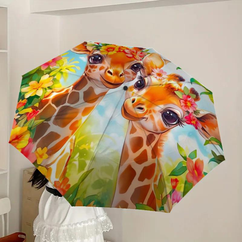 1pc Giraffe Floral Garden Umbrella with Plastic Handle,Suitable for All Seasons Home Travel Outdoor UmbrellaDD308