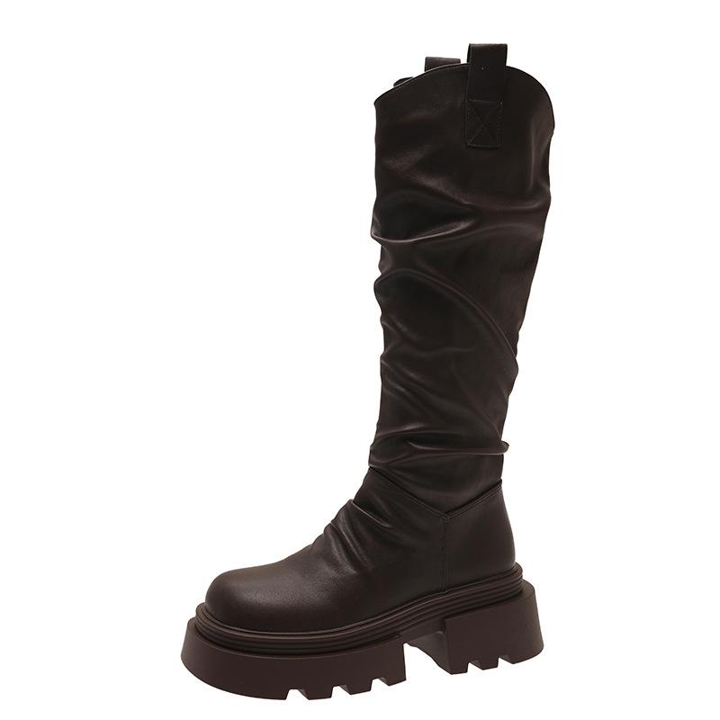 

Fashion retro British style thick heel platform boots women s 2025 autumn and winter new Maillard skirt knight boots 35