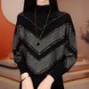 Color-block Rhinestone Velvet Base Shirt for Women Soft and Loose Pullover Base Shirt