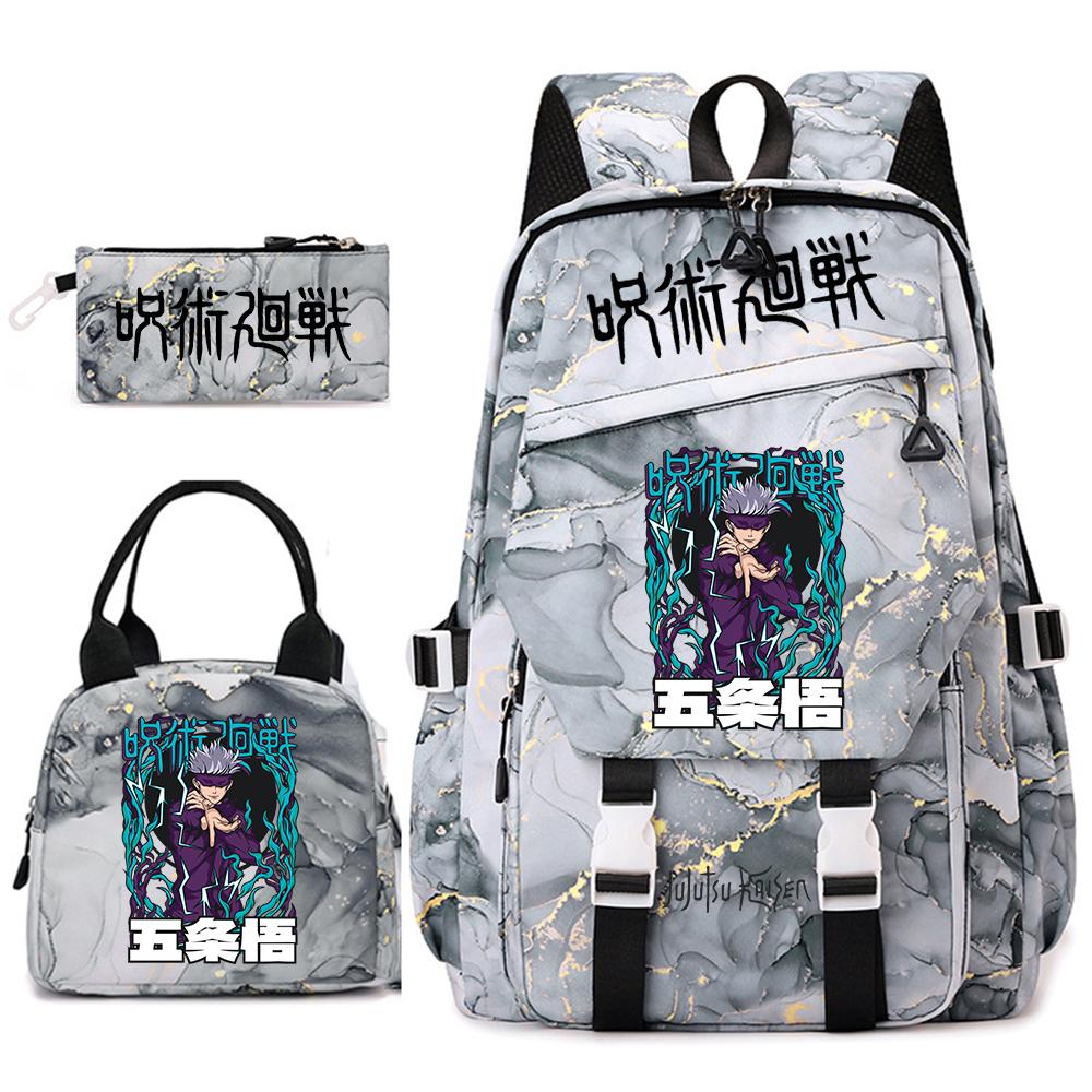 Anime Jujutsu Kaisen Backpack Set for Girls 3pcs School Bookbag Lunch Bag Pencil Case Casual Travel Rucksack
