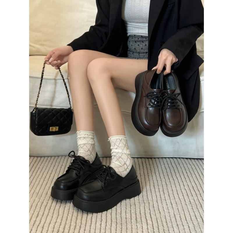 

Black big head and small leather shoes women s autumn new British muffin platform shoes 35 чёрный