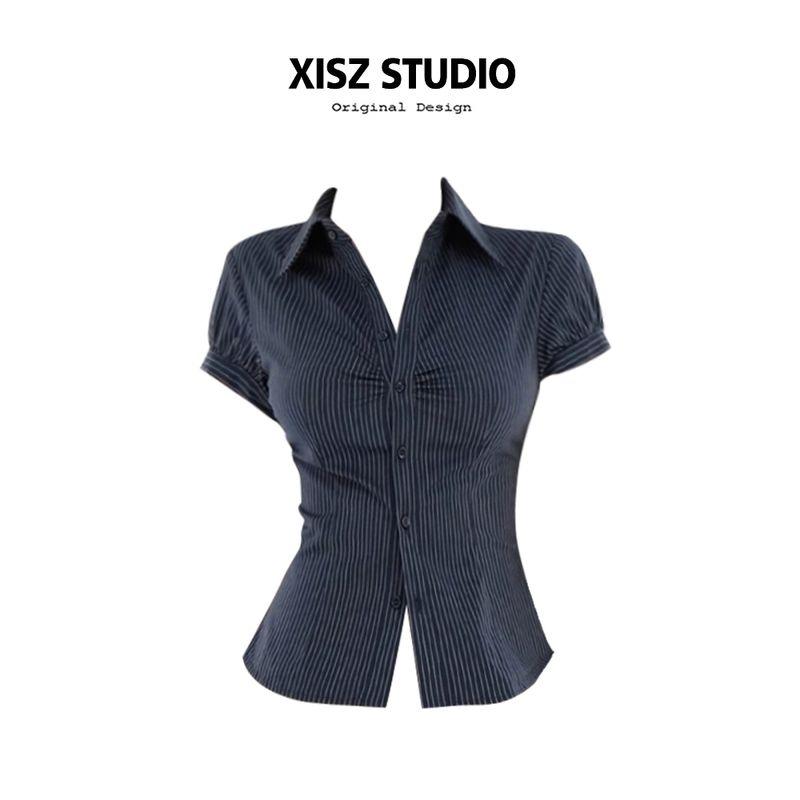 

Sexy Stripes Lapel Single Breasted Short-Sleeved Shirt for Women Spring/Summer New Arrival Slim Fit Waist-Controlled Slimming Easiest for Match Tops Navy S