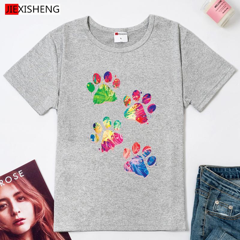Cartoons Fußabdruck Print Damen T-Shirts Sommer Locker Ärmel O-Ausschnitt T-Shirt Tops 5 Farben Damen T-Shirt