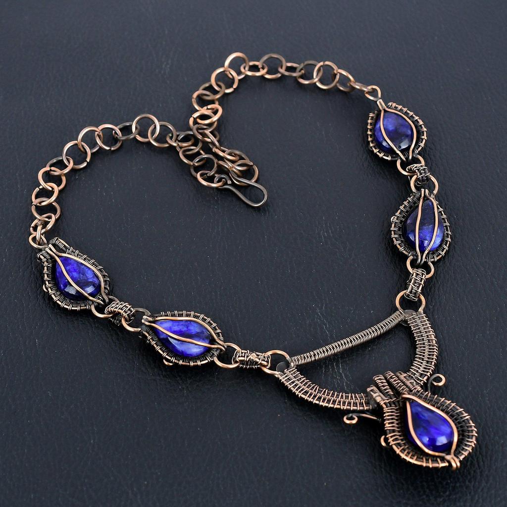 Blue Sapphire Necklace, Handmade Gemstone Necklace, 999 Copper Wire Wrapped Necklace Antique Jewelry, For Engagement Gift