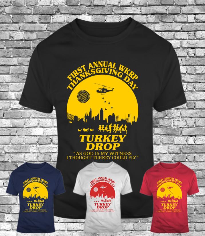 

New first annual wkrp mens t-shirt thanksgiving day gift turkey drop funny retro Unisex T-Shirt XL