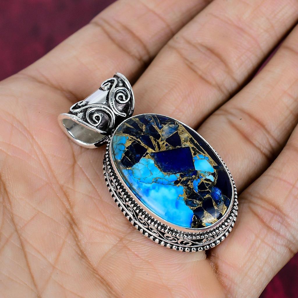 Kupfer Lapis Türkis Handgefertigter Edelsteinanhänger, 925 Massiv Sterlingsilber Anhänger Antikschmuck, Für Verlobungsgeschenk