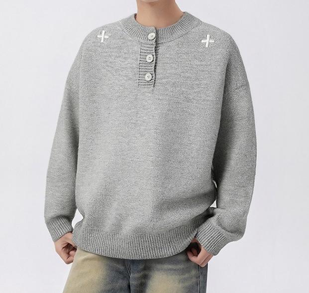 

Trendy Unisex Henley Collar Embroidered Sweater - Cool & Handsome Lazy Style Knitwear for Autumn & Winter 3XL сірий колір