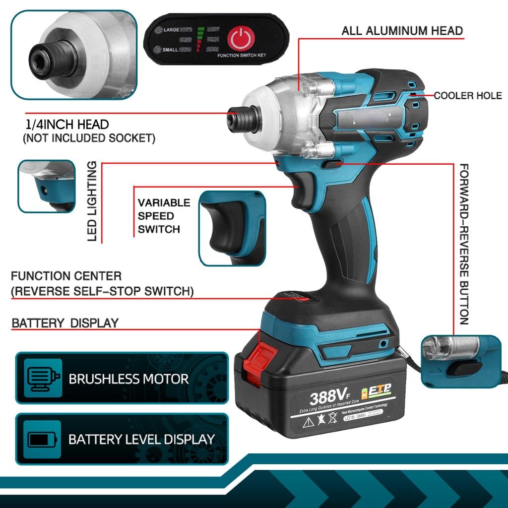 388VF Brushless Cordless Electric Screwdriver  1/4 Inch Power Tools Drill Driver + LED Light For 18V Battery