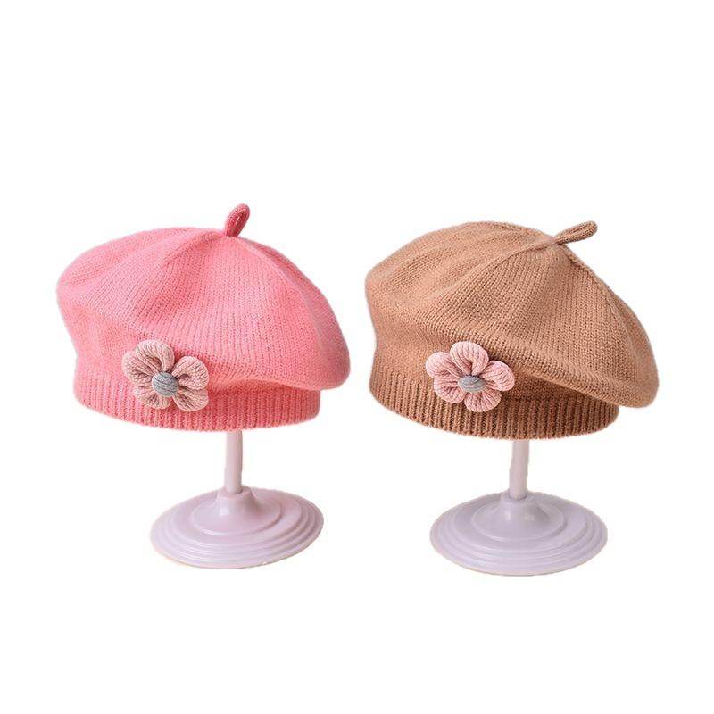 Winter Baby Girls Knitted Flower Bell Hat Cotton Sun Protection Windproof Multi Color Infant Beret for Toddler