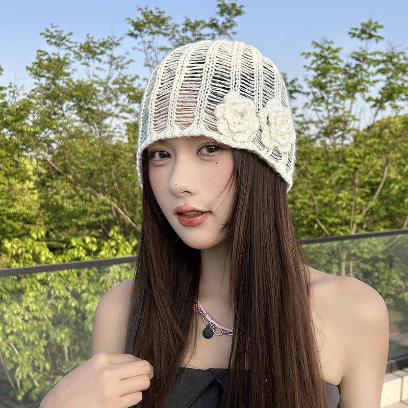 New Spring and Summer Korean Three Dimensional Flower Hollow Pink Knitted Hat for Women with Niche Face Showing Small Wool Hat