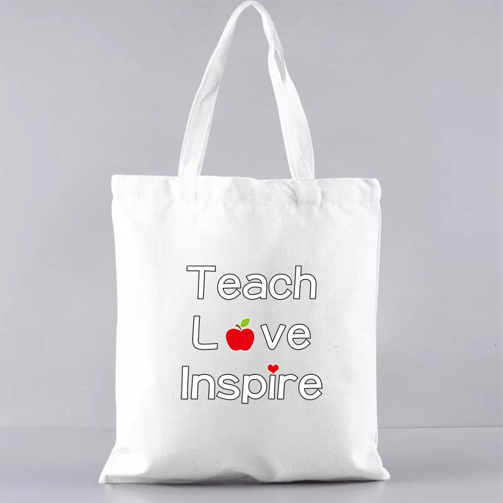 Fashion Shopping Bag Handbag Commuter Casual Shoulder Bag Reusable Canvas Bag White Cartoon Teacher Pattern Printing Tote Bag