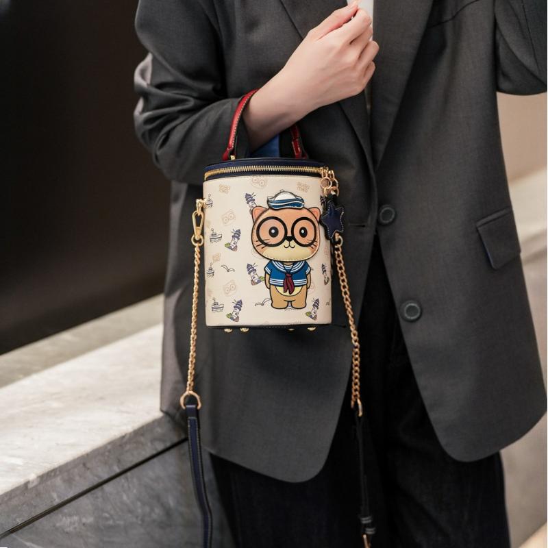 BEIBAOBAO New Cute Cartoon Cat Round Handbags High Texture PU Waterproof Women's One Shoulder Bag Popular Niche Small Basket Bags for Goddess Day Gift