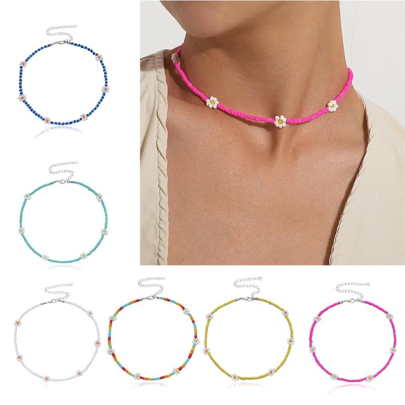 Colorful  Beaded Daisy Flower Choker Necklace Ajdustable Chain Clavicle for Women Girls Cute Handmade Boho Jewelry