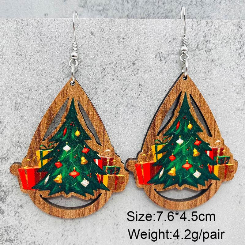 Teardrop Santa Claus Bell Car Red Ornaments: Wooden Christmas Earrings