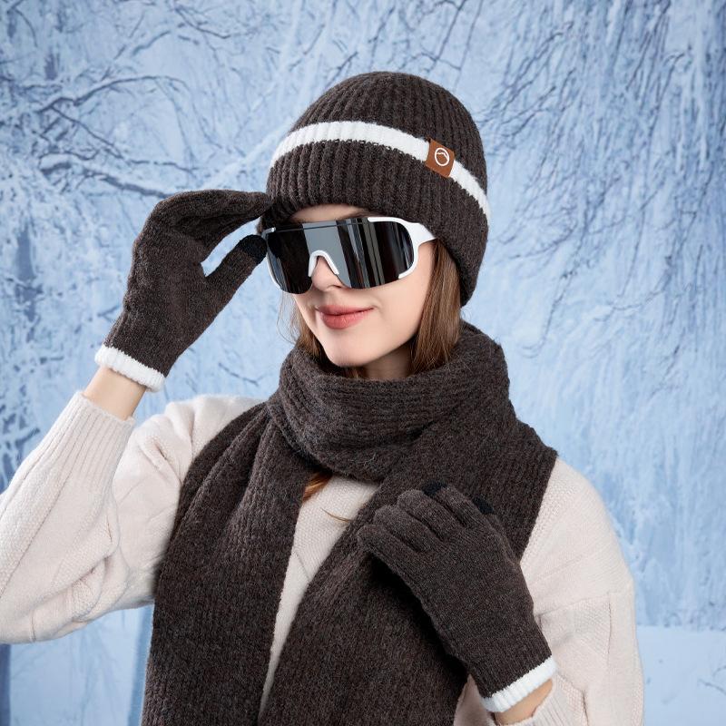 Kvinnor Höst Vinter Varm Tjocka Öronskydd Mössa Kall Utomhuscykling Stickad Mössa Set Söt Söt Mössa Scarf Handskar Tredelad Set