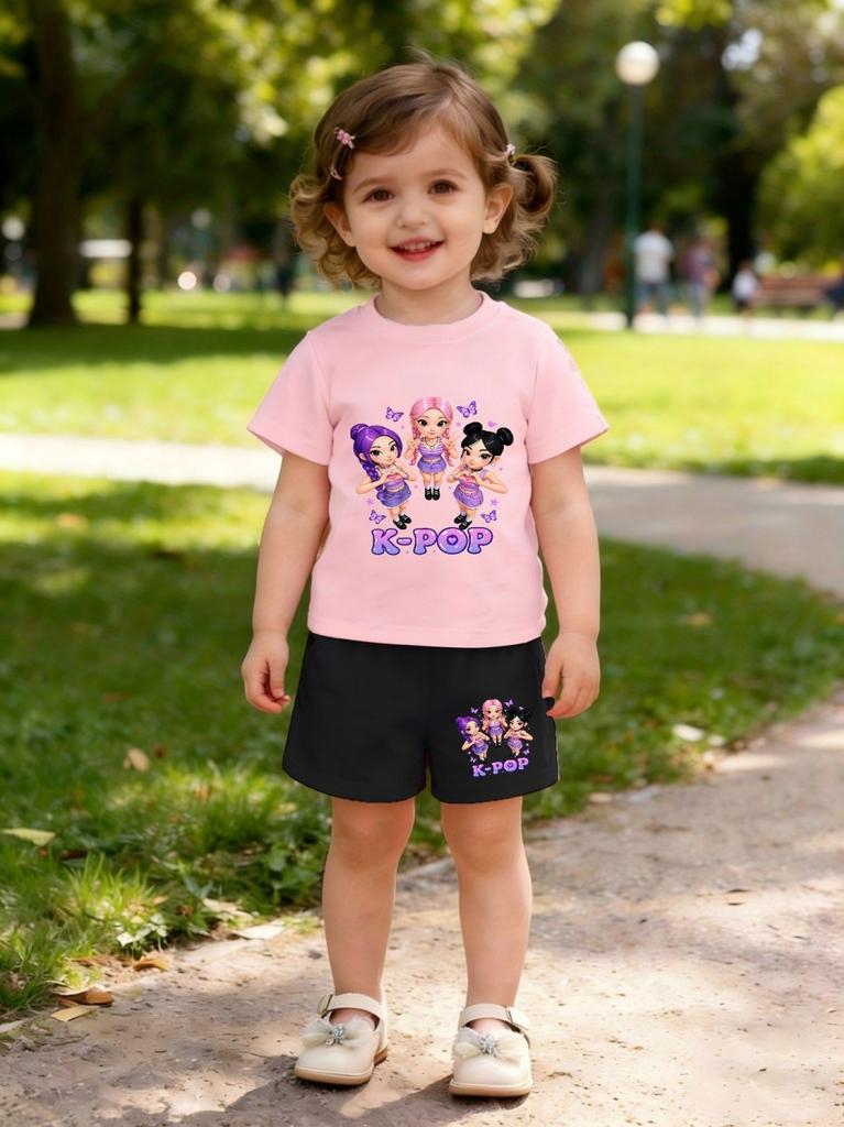 Summer Suit for Girl Fashion K-Pop Cartoon Girl Print Kids Set Outdoor Casual Streetwear Short Sleeves Teen Girl Clothes Suit