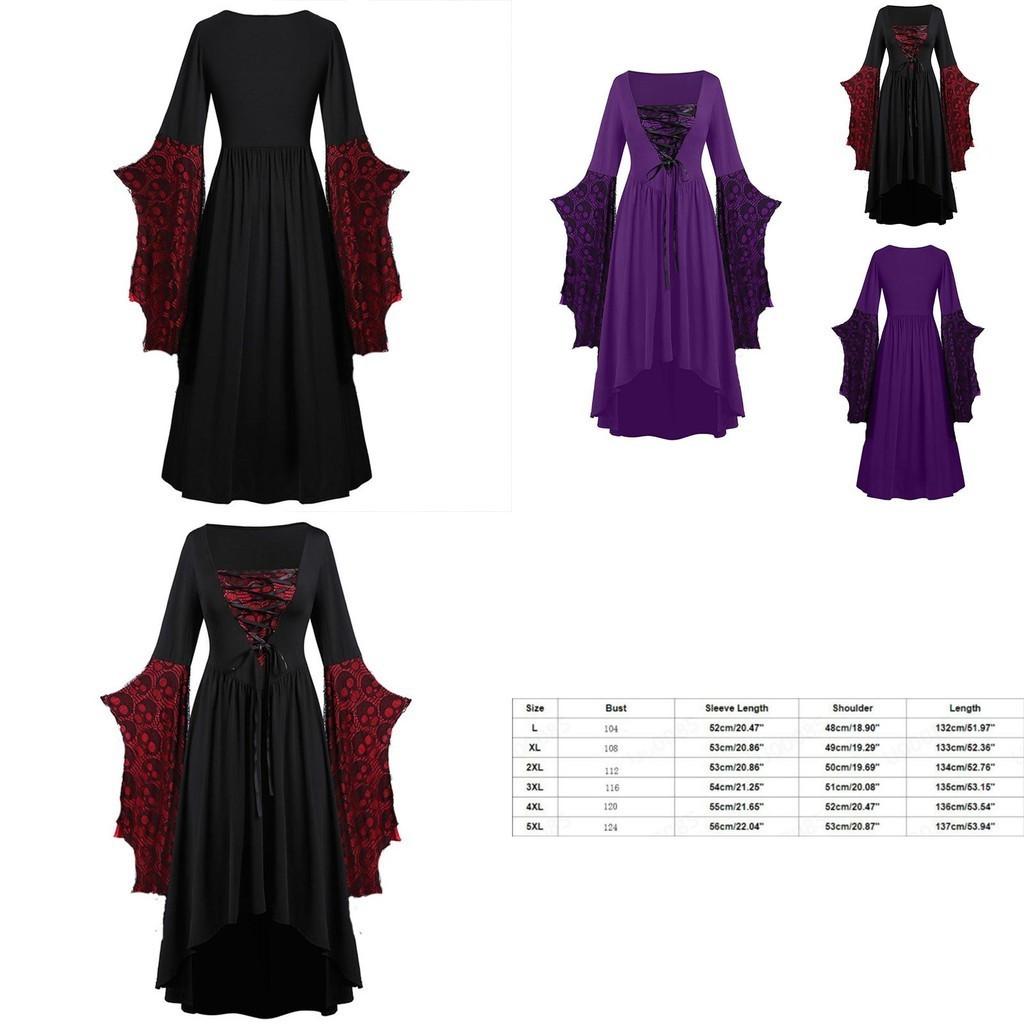 Costume da Strega Gotica Vintage Cosplay Abito Elegante Retrò Manica Lunga Fantasia Teschio Ampia Gonna Svasata
