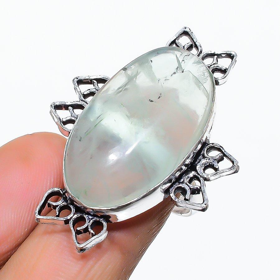 Prehnite Gemstone Handmade 925 Sterling Silver Jewelry Ring Size Adjustable SU-10568