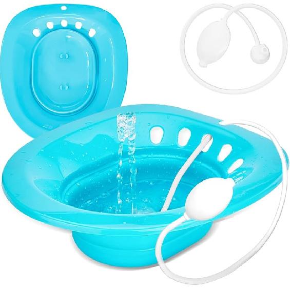 Pochik Sitz Bath for Toilet Seat Hemorrhoids and Postpartum Care, Yoni Steam Seat, Perineal Soaking, Collapsible, Flusher Hose, Drain Holes, Wider