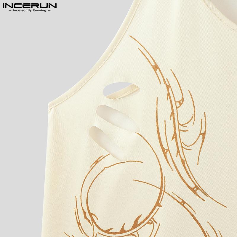 INCERUN Men Sling Sleeveless Low Cut Print Tank Tops Camisole Undershirts