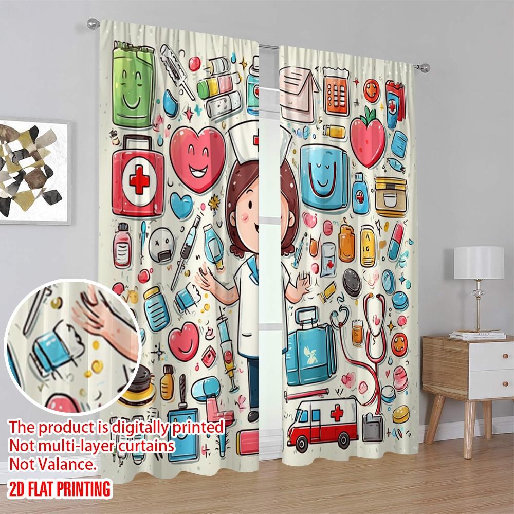 2pcs,2D plane printing Curtain Fabric Vibrant Medical Versatile Durable Polyester (without rod) Gifts Use for Bedroom, Living