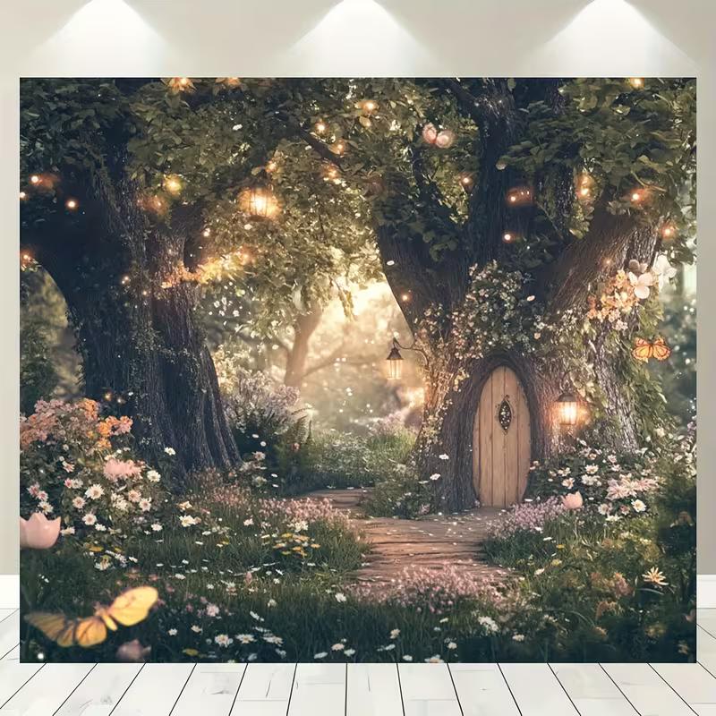 2D Magical Treehouse Tapestry, Fairy Tale Forest with Butterflies & Lights 47.2x31.5inch/120*80cm