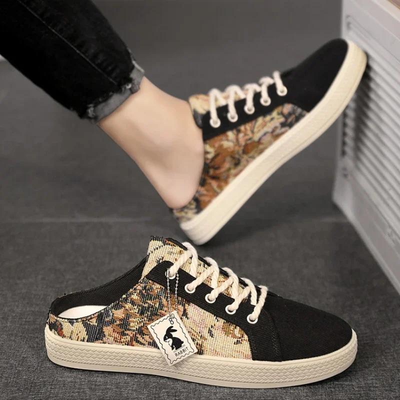 Fashion Men's Shoes Slip-On Loafers Flat Slippers Summer Canvas Half Slippers Lightweight Casual Lazy Shoes Student Sandalias Zapatos