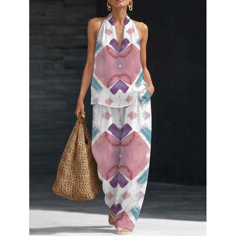1116 Summer Cool Neck Suit Women's Temperament V-Neck Off-Shoulder Top + High Waist Wide Leg Pants Two-piece Set