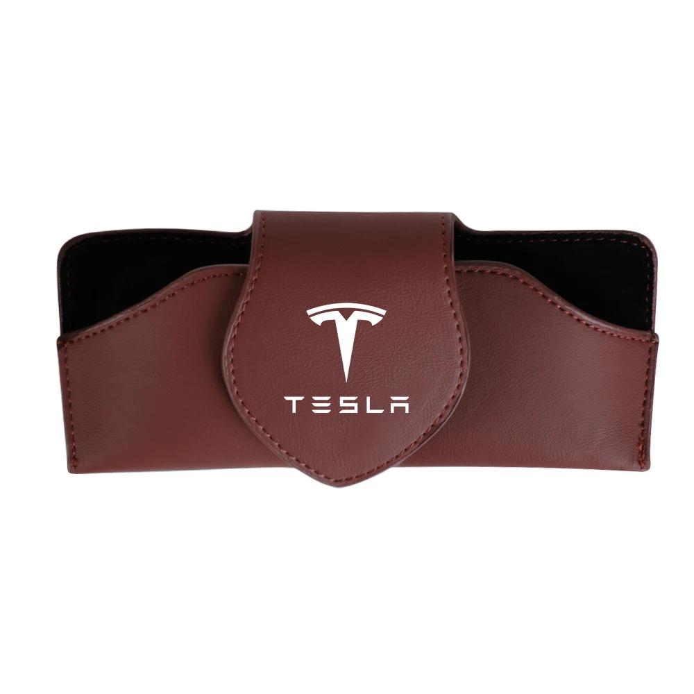 Car Sticker Tesla Car Glasses Clip Sun Visor Sunglasses Leather Storage Case For Tesla Model 3 Y S X Roadster Cybertruck Juguete