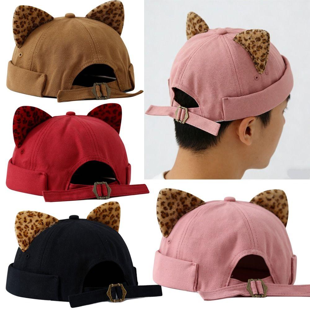 Leopard Print Cat Ears Brimless Hat Adjustable Beanie Hat Cute Melon Docker Cap  Outdoor