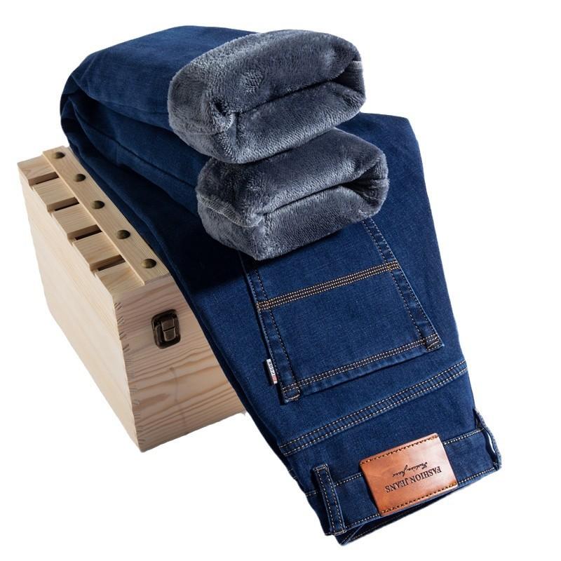 Size 30-44 Winter Men'S High End High Quality Plush Thickened Warm Large Size Jeans Straight Tube Loose Long Pants