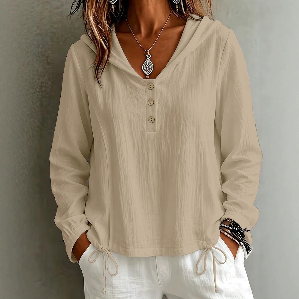 Herbst Winter Mode Lässig Einfarbig Knopf Kapuze Langarm Hemd Damen Oberteil Bluse