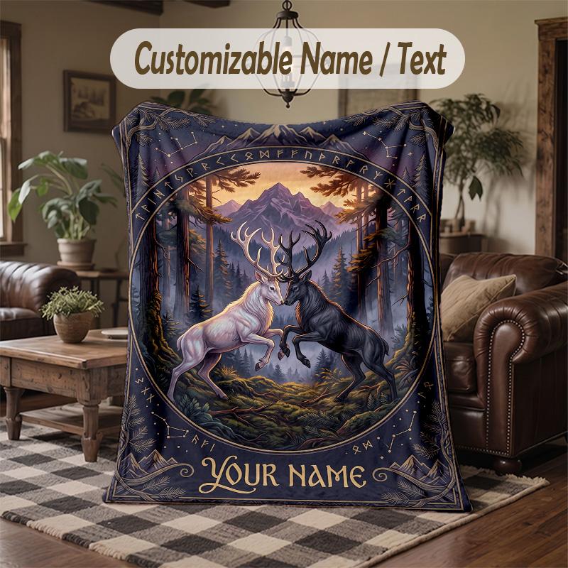 Forest Creatures Night Theme Throw Blanket Custom Name Text Personalized Blanket Soft Cozy Blanket for Home Sofa Bed