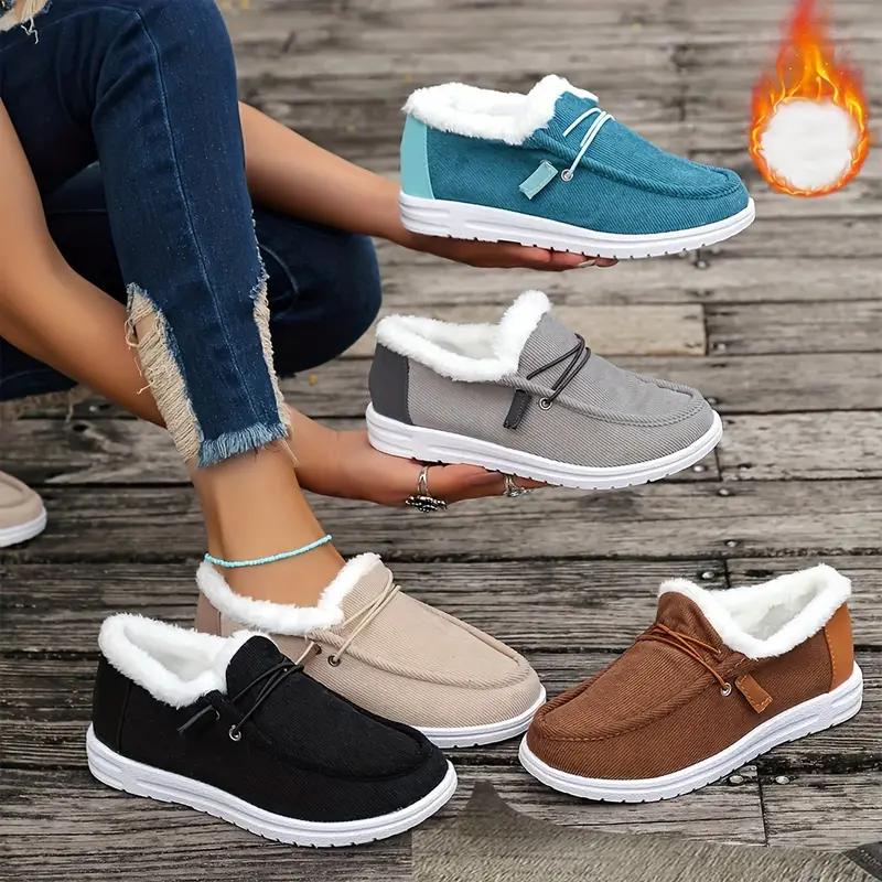 Damen Einfache Flache Slipper, Lässige Schnürschuhe mit Plüschfutter für Draußen, Leichte Low-Top Sneakers