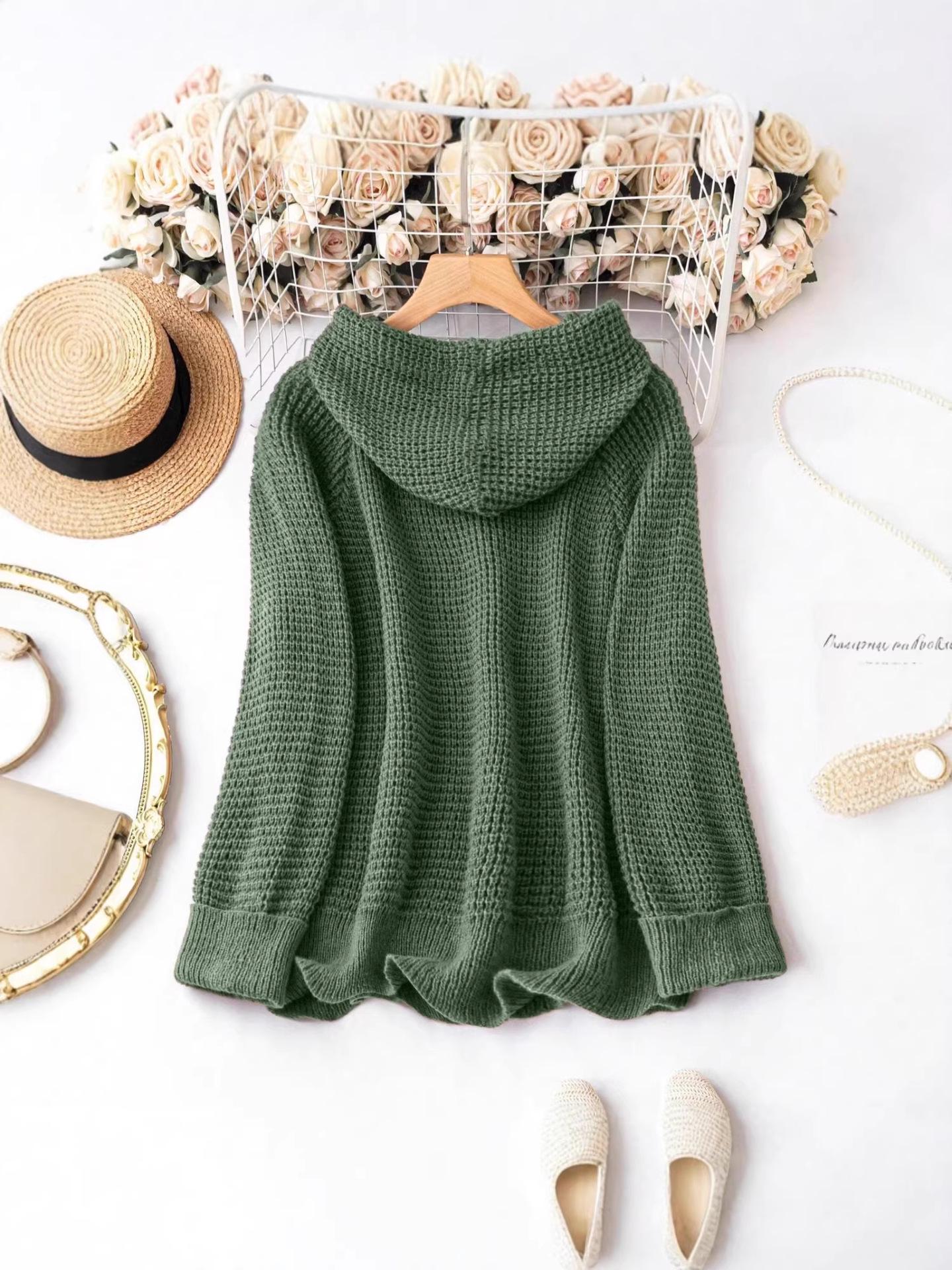 2026 Autumn Casual Hooded Cardigan: Elegant, Solid Color, Loose, Warm Knit Pullover 3XL оливковое зеленый