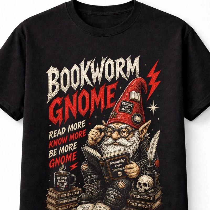 Bookworm Gnome Reading Magic Fantasy Books Graphic Nerd Unisex TShirt S