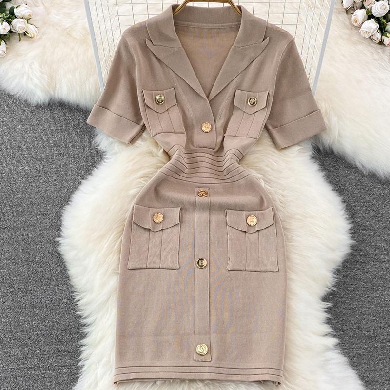 Women's Summer Knit Polo Collar Dress with Metal Buckle & Pockets - White, High-Quality Designer