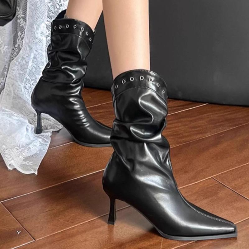Studded Sleeve Stack Boots Fashion Pointed Toe Stiletto Heel Anti-Slip Wear-Resistant Booties