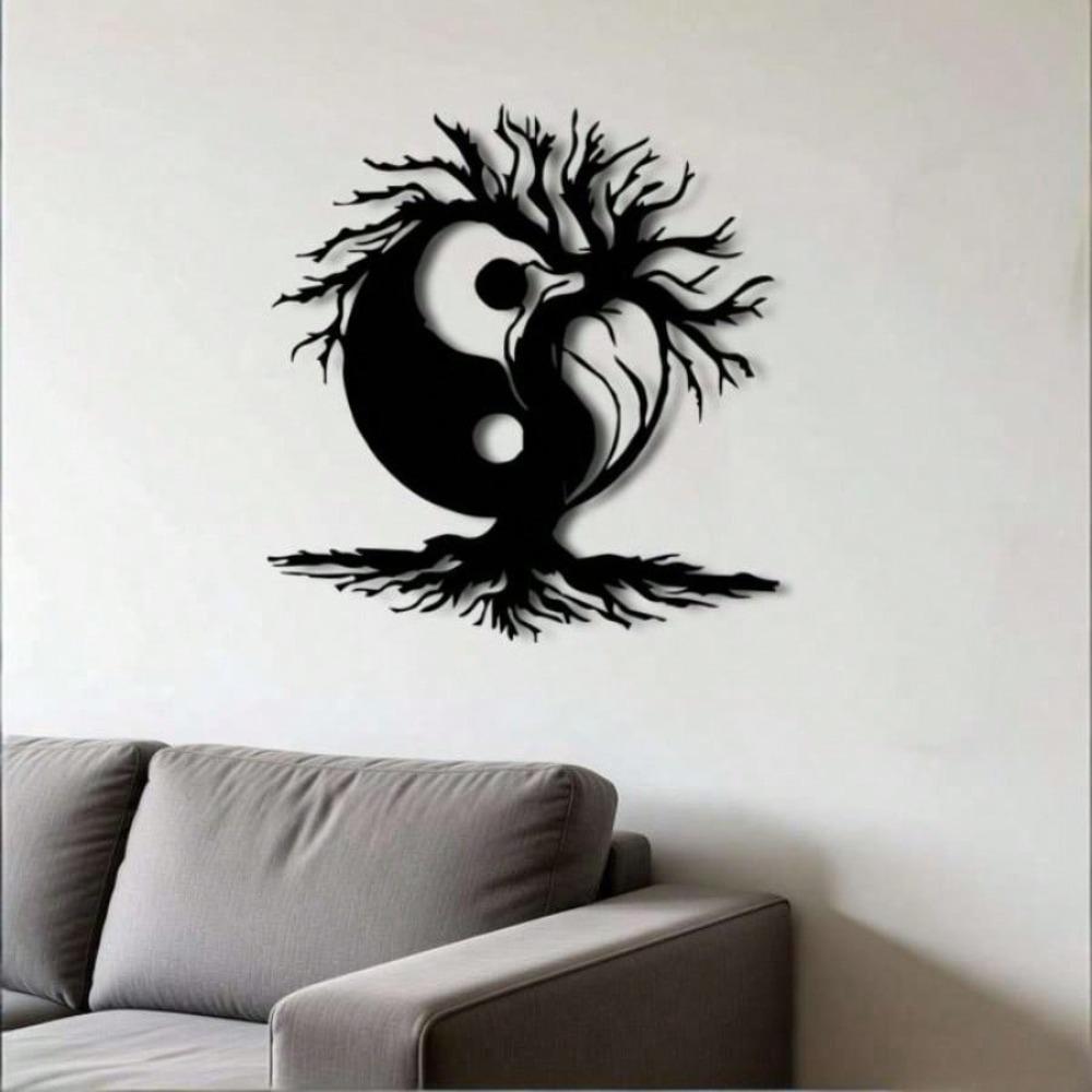 Yin Yang Metal Wall Art, Chinese Iron Tree of Life Sculpture for Office Living Room, Zen Meditation Home Decor, Black White Harmony Gift