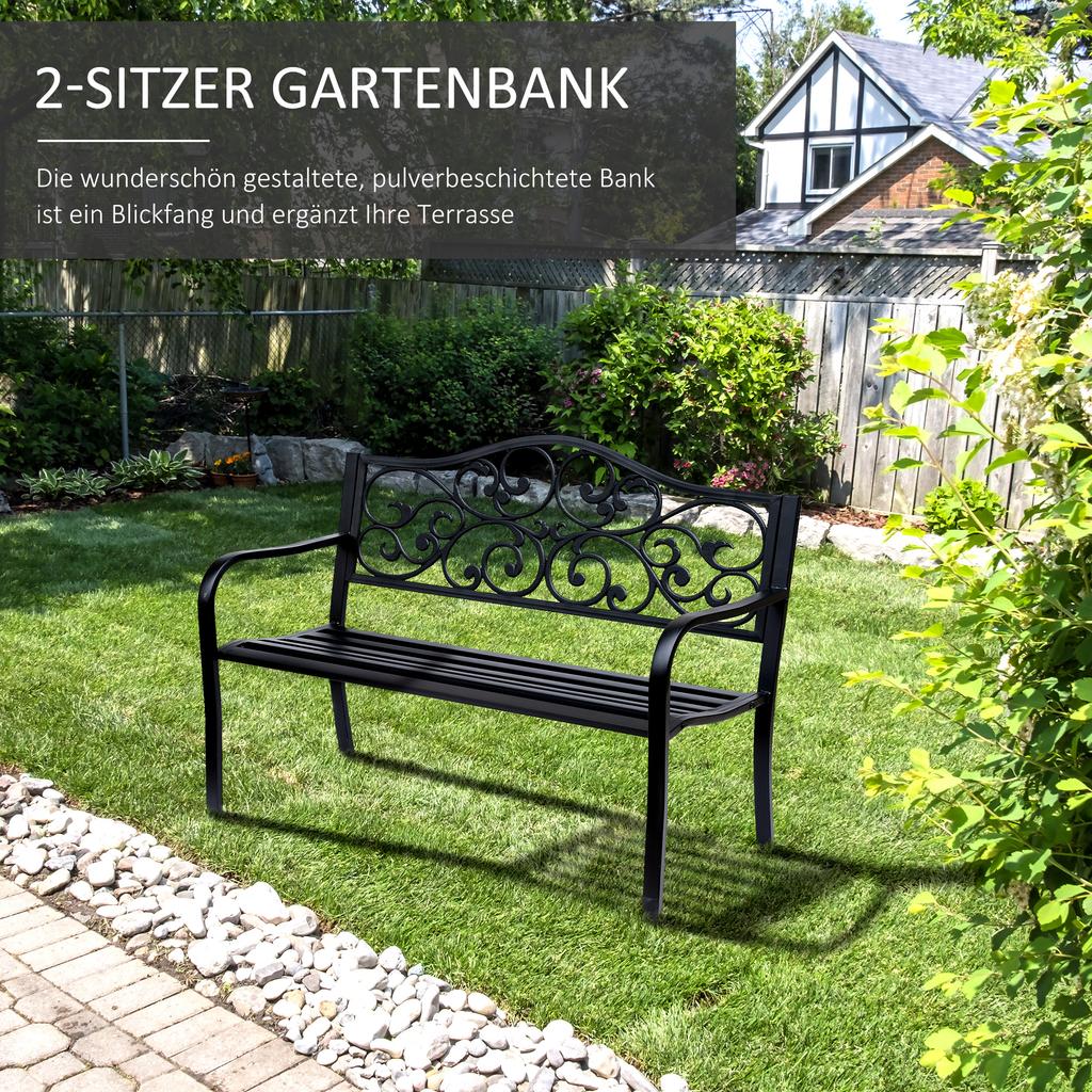 Metal Garden Bench with Floral Backrest and Armrests - Black