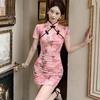 Elegant Hollow-Out Qipao Dress with Frog Buttons & Stand Collar - Waist-Cinching, Hip-Hugging Short Skirt
