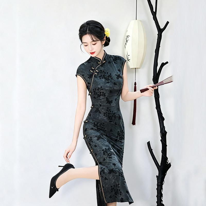 Elastic waist pinch, national style, new Chinese Suzhou long cheongsam, improved young women's high-end sense, daily wear in summer
