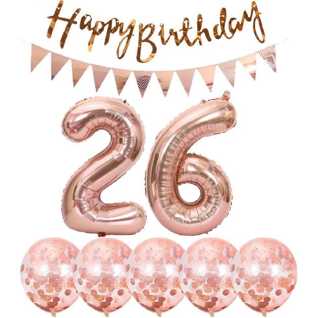 2 balloons number 26+ haappy birthday garland + Rose Gold banner foil balloon 26th birthday decoration+5 confetti balloons boy girl 26 Year birthday