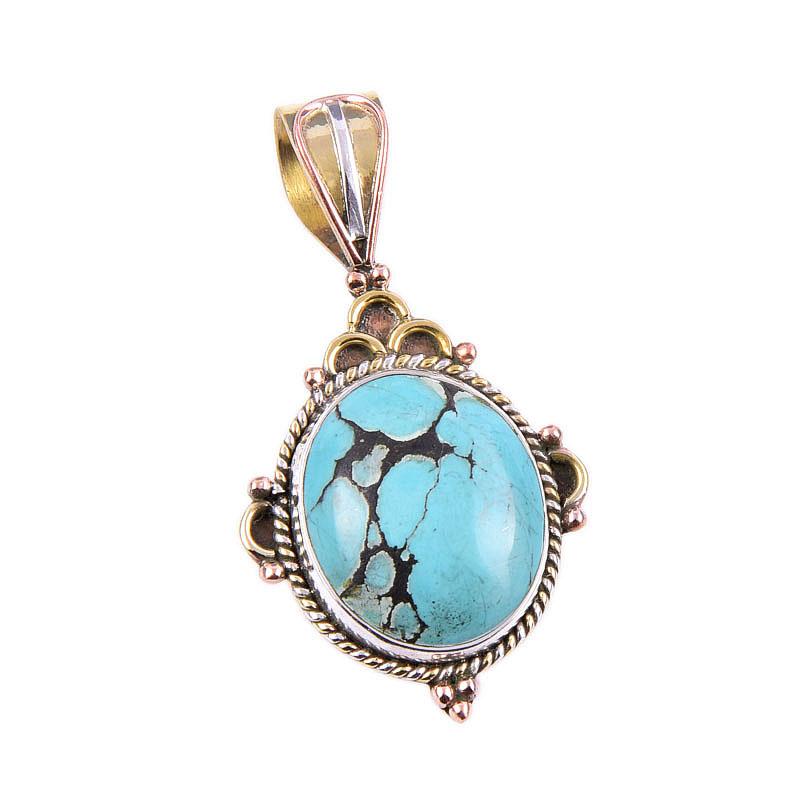 Natural Tibetan Turquoise Gemstone 925 Solid Silver Two Tone Pendant 1.5" D8E35