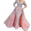 Elegante Abito da Sera Lungo Rosa in Pizzo a Manica Lunga con Scollo a V e Strascico Vita Alta Silhouette da Principessa Eventi Formali
