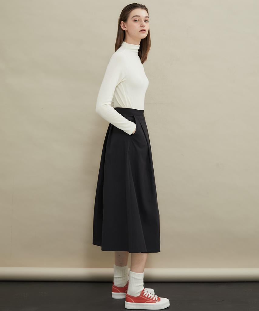 MANAVIS7 Pintuck A-Line Long Skirt [Black]