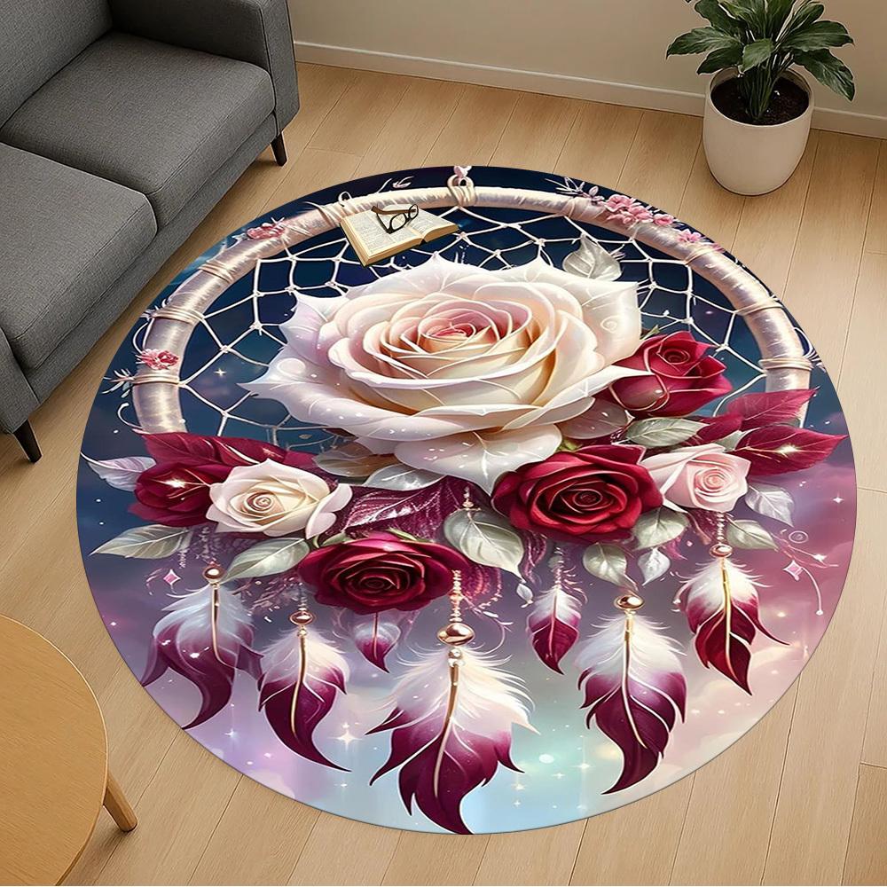 1PC Dreamcatcher Roses Feathers Round Chair mat Area Rug - Non-Slip, Floor Mat for Office, Bedroom, home decor Christmas Gift c0528019
